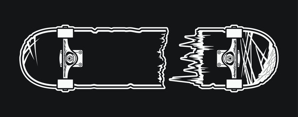 Monochrome broken skateboard design. Vector illustration.
