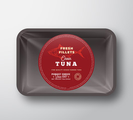 Ocean Tuna Fillets. Abstract Vector Fish Plastic Tray with Cellophane Cover Packaging Design Round Label or Sticker. Retro Typography and Hand Drawn Tuna Silhouette Background Layout.