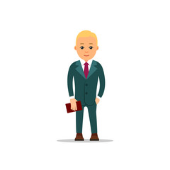 Business man. Businessman stand and holds one hand in his pocket, and the other holds a purse. Dark suit, shirt and tie. Illustration in flat style. Isolated on white background