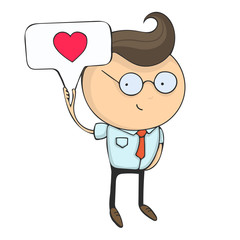 Hand drawn flat design colorful cartoon illustration. Art work or sticker with funny character. Young businessman or office manager holds a sign with a painted heart.