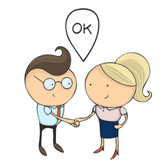 Hand drawn flat design colorful cartoon illustration. Art work or sticker with funny character. Two young businessmans or office managers has agreed, stand opposite each other and shake hands.