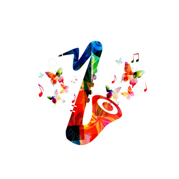 Music colorful background with saxophone. Music festival poster. Sax isolated vector illustration. Music instrument vector