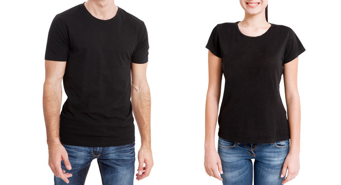 Shirt design and people concept - close up of young man and woman in blank black t-shirt front isolated.