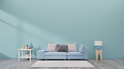 Living room with sofa, small shelf and plants have back blue wall background , 3D rendering