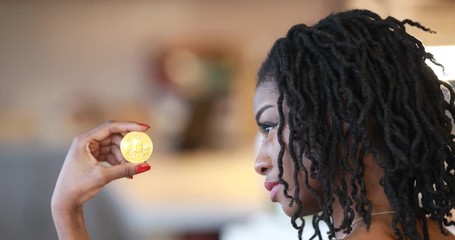cryptocurrency blockchain, new money, bitcoin, Happy African American black female, people of color. Digital gold - Powered by Adobe