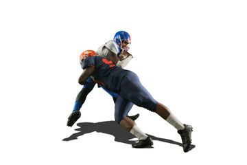 Isolated American football players fight for the ball in white background