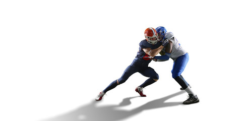 Isolated American football players fight for the ball in white background