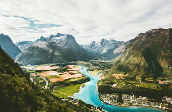 Landscape Mountains valley and river in Norway Travel scenery scandinavian nature Andalsnes Rampestreken viewpoint summer aerial view © EVERST