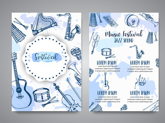 Music festival brochure, jazz flyer design. Hand drawn Music Instruments drum, piaono, violin, guitar and saxophone on paint splashes.