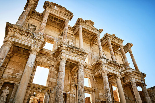 Close up view of the ancient Celsius Library in the old Ephesus city, Turkey