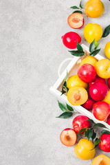 Ripe delicious yellow and red plums in white wooden box on concrete background. Top view, space for text.