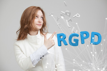 RGPD, Spanish, French and Italian version version of GDPR: Reglamento General de Proteccion de datos. General Data Protection Regulation. Young woman working with information.