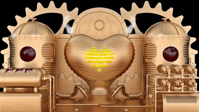 The steampunk stylized machine: the blood enters the reservoir tanks (the centrifuges) and then burns in the love heart-shaped furnace with explosion. UHD - 4K - 3D Rendering
