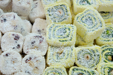 Oriental sweets in the local market, rahat loachum on the table