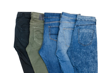 Five jeans. Assortment.  Fashionable concept. Isolated. White background