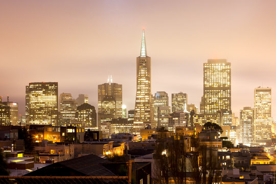Skyline of Financial district of San Francisco at night, California, USA