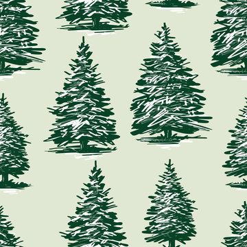 Seamless background of the drawn christmas trees