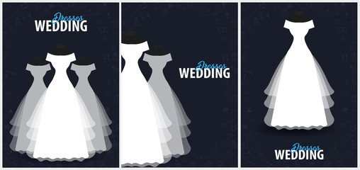 Wedding Dresses. Set of Flat Wedding agency banners with hand draw doodle on a background. Vector illustration