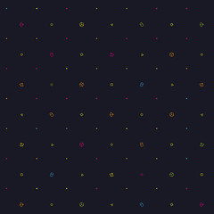 A beautifully made seamless simple geometric spacelike pattern with correctly positioned geometric shapes. Low density. On a black background.