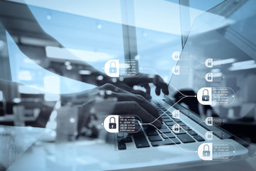 Blockchain technology concept with a chain of encrypted blocks.businessman working with laptop computer with fintech, financial cryptocurrency such as bitcoin