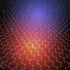 Futuristic Hexagon Pattern Abstract Background. 3d Render Illustration. Space surface. Dark sci-fi backdrop. Dots and lines connections. Science and technology concept. Big data macro wireframe.