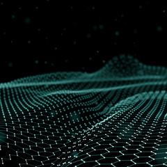 Abstract Futuristic 3d Render Illustration. Plexus polygonal background. Wireframe landscape concept. Dark sci-fi backdrop. Dots and lines connections. Space surface. Big data macro wireframe.