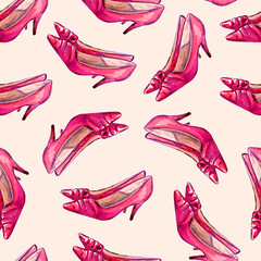 Red leather kitten heel shoes, hand painted watercolor illustration, seamless pattern on soft background