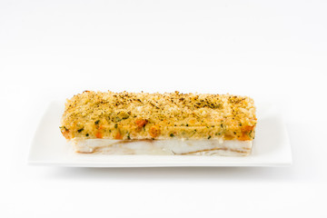 White fish casserole with cheese isolated on white background
