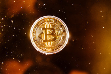 New virtual money. Bitcoin processor and microchips. Electronic virtual currency, Internet Finance. Bitcoin gold coin. Cryptocurrency concept. Symbolic coins. Exchange bitcoin cash for a dollar.