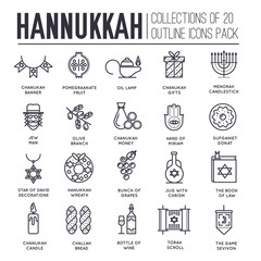 Happy hanukkah day thin line illustration background. Outline icons elements for holiday. Vector object jewish traditional on religion celebration. Israel greeting design
