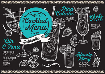 Cocktail bar menu. Vector drinks flyer for restaurant and cafe. Design template with vintage hand-drawn illustrations.