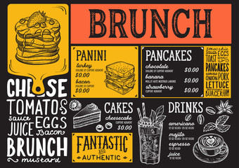 Brunch restaurant menu. Vector food flyer for bar and cafe. Design template with vintage hand-drawn illustrations.