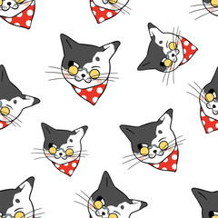 Vector seamless pattern background head of cat with red scarf