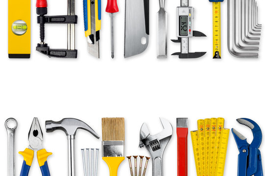 DIY tools collage concept with copy space and circular saw blade isolated on white wide panorama background