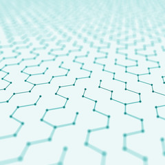 Futuristic Hexagon Pattern Abstract Background. 3d Render Illustration. Space surface. Light sci-fi backdrop. Dots and lines connections. Science and technology concept. Big data macro wireframe.