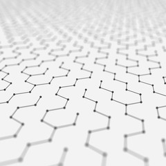 Futuristic Hexagon Pattern Abstract Background. 3d Render Illustration. Space surface. Light sci-fi backdrop. Dots and lines connections. Science and technology concept. Big data macro wireframe.