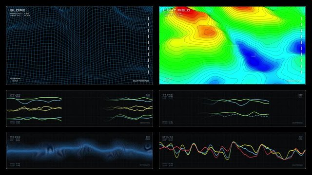 Multi-panel visual display: elevation map, animated line graphs, waveforms, readouts, indicators. Reversible seamless loop.  