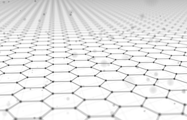 Futuristic Hexagon Pattern Abstract Background. 3d Render Illustration. Space surface. Light sci-fi backdrop. Dots and lines connections. Science and technology concept. Big data macro wireframe.