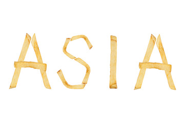 Word ASIA laid out of long sticks of fried french fries isolated on white background