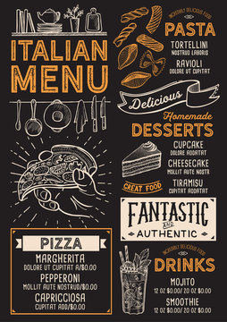 Pizza restaurant menu. Vector food flyer for bar and cafe. Design template with vintage hand-drawn illustrations.