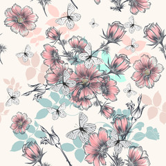 Beautiful pattern with hand drawn cosmos flowers and butterflies in engraved and watercolor style