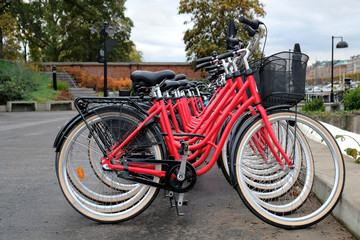 Fototapeta na wymiar Bikes for rent in Stockholm.