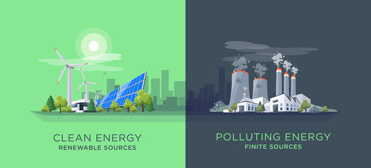 Vector illustration showing clean and polluting electricity generation production. Polluting fossil thermal coal and nuclear power plants versus clean solar panels and wind turbines renewable energy. © petovarga