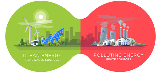 Clean and polluting electricity production in infinity binoculars circles. Vector illustration of fossil coal and nuclear power plants versus clean solar panels and wind turbines renewable energy. © petovarga