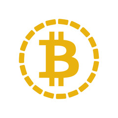 Golden bitcoin coin with chain around symbol. Crypto currency golden coin bitcoin icon isolated on white background. Flat vector illustration.