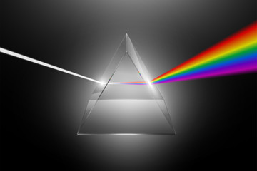 Visible light dispersion to a spectrum on a glass prism, realistic physical effect vector illustration