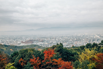 Kyoto city and autumn maple view under cloudy sky at Fushimi Inari shrine in Kyoto, Japan