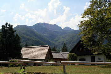 tradycyjna zabudowa wiejska w słowenii i góry alpy julijskie w tle