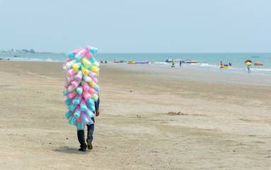 Colorful cotton candy sweets the sugar shaggy on the beach