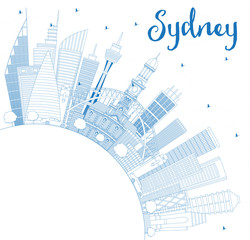 Outline Sydney Australia City Skyline with Blue Buildings and Copy Space.